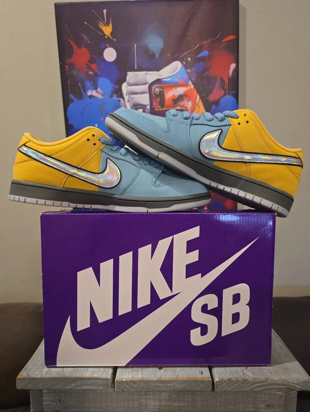 Nike SB Dunk Low Yellow and Light Blue with Holographic Swoosh